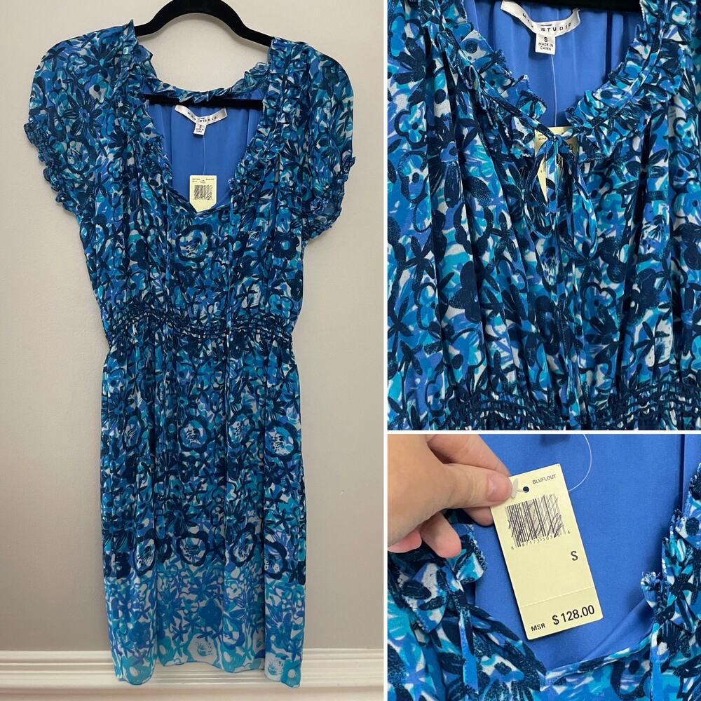 NWT Max Studio Romantic Blue Flutter Cap Sleeve Smocked Waist Tie Neck Dress S.‎